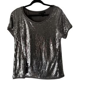 August Silk Shirt Vintage 90s 1X Gray Silver Sequin‎ Party Top Swifty Disco